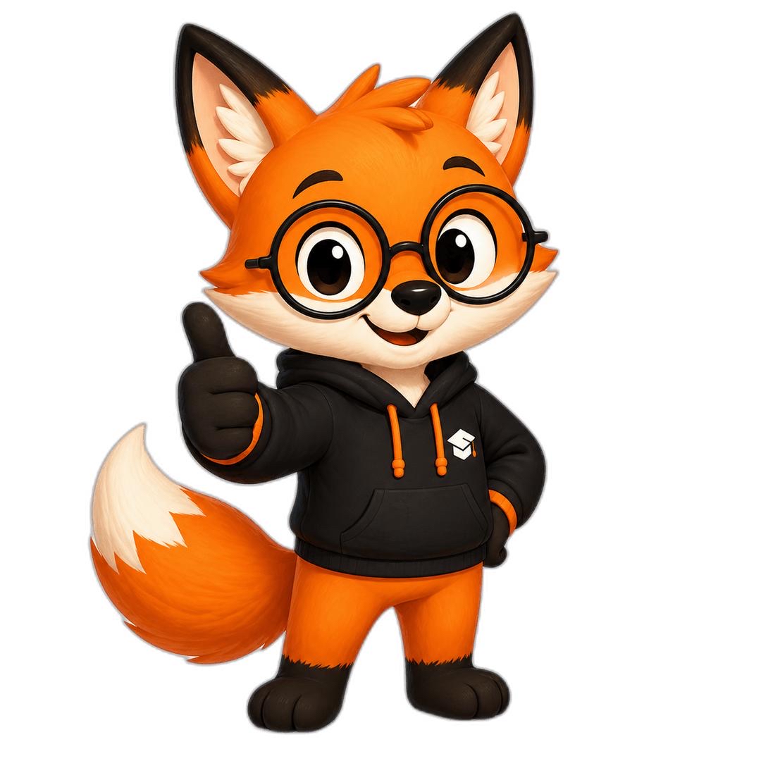 Lico, raposa laranja de óculos redondos e moletom preto, fazendo sinal de positivo